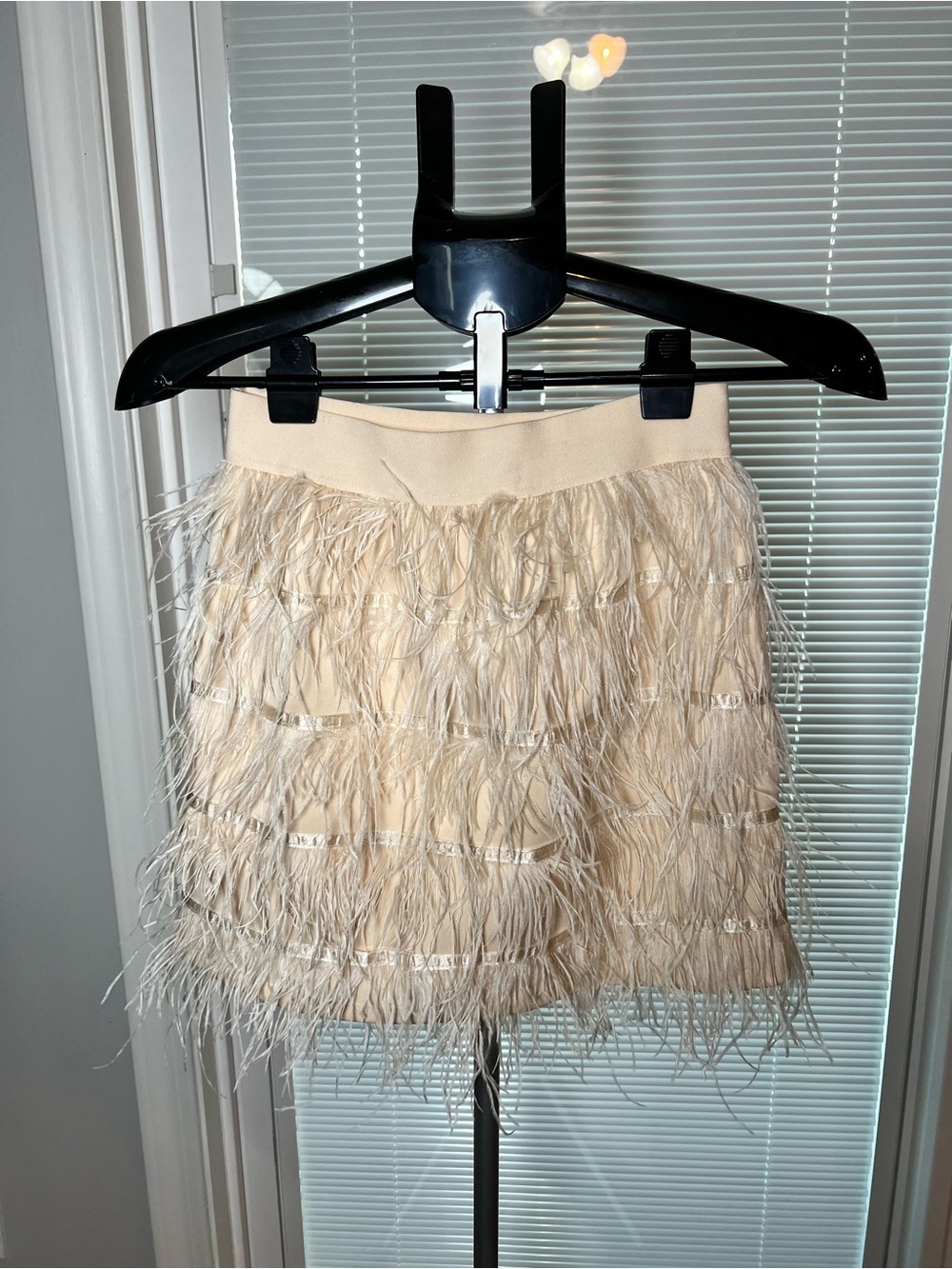 Cream Feather-Trim Mini Skirt